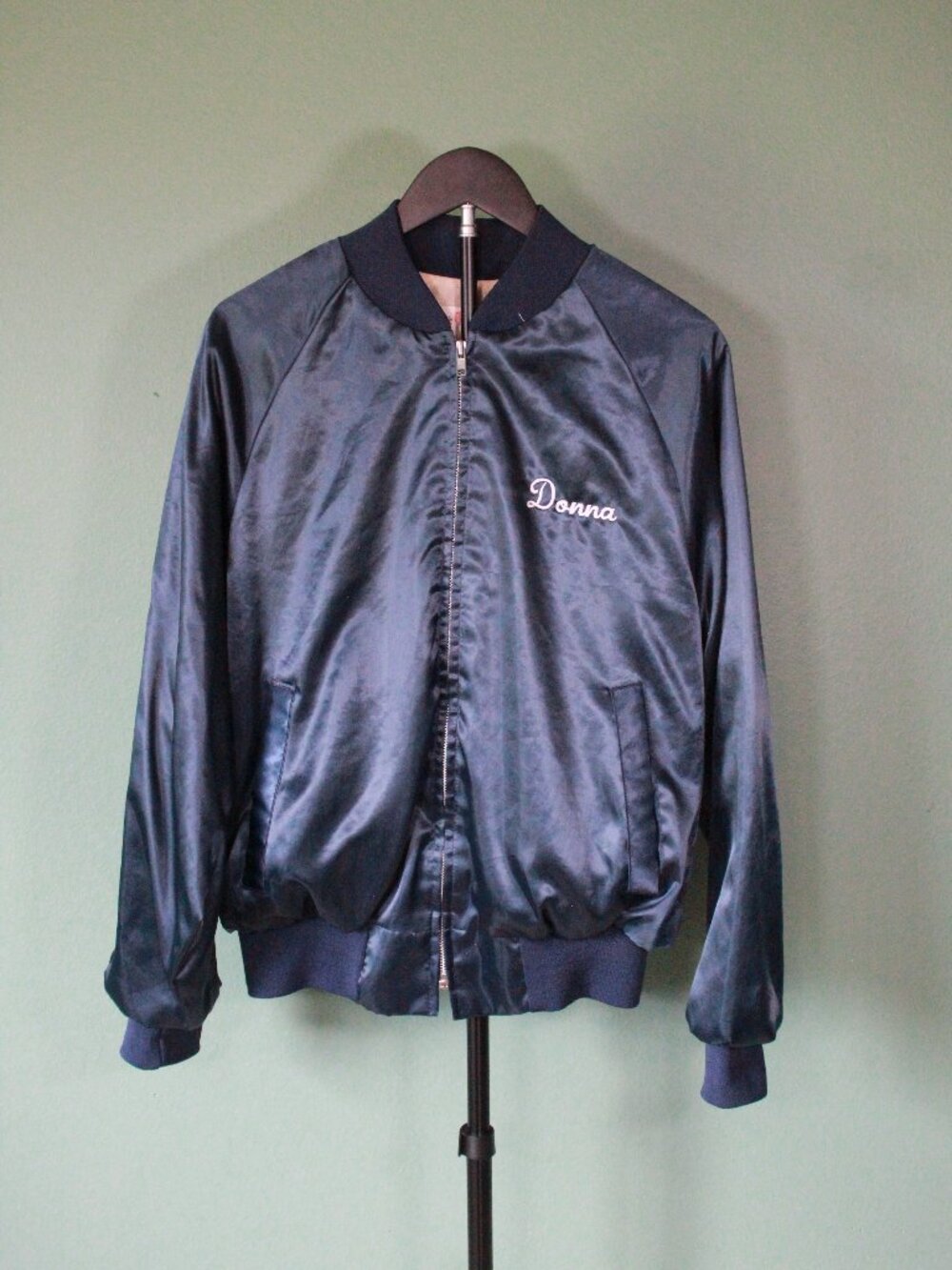 Vintage 70s-80s Navy Blue Custom Embroidered Bomber Jacket Hollywood Hair Salon